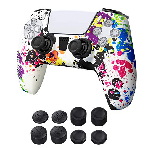 Newseego PS5 Controller-Schutzhülle,Graffiti Splashing Skin Case-Hülle,Silicon Soft Case Skin Shell Anti-Rutsch-Schutzhülle mit FPS PRO Daumengriffen x 8 für Playstation 5 Wireless Controller,White 23 von Newseego