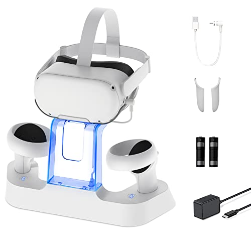 NexiGo Ladestation für Oculus Quest 2 Zubehör, Headset-Displayhalter und Controller-Halterung, [Support Elite Strap], LED-Anzeige, 2 wiederaufladbare Batterien, Magnetkabel, Weiß von NexiGo
