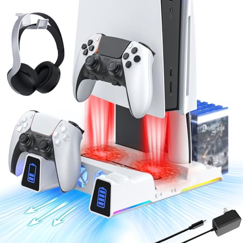 NexiGo PS5 Slient Kühlständer mit RGB-LED-Licht, Dual-Ladestation kompatibel mit DualSense Edge Controller, Festplattensteckplatz, Headset und Fernbedienungshaltern, 10 Spielplätze, Weiß von NexiGo