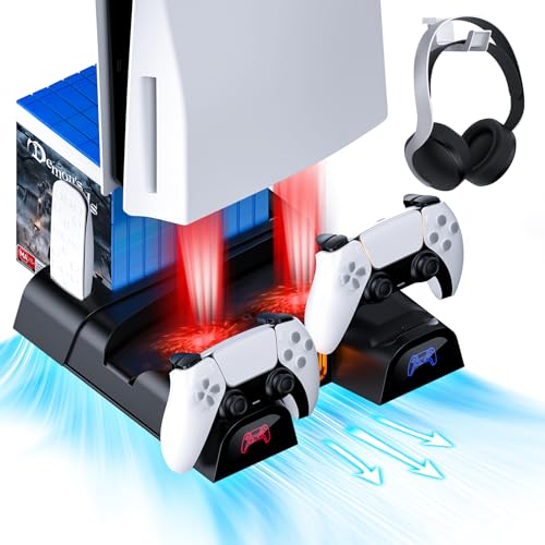 NexiGo PS5 Ständer mit Headset-Halter und Netzteil, für PS5 Disc & Digital Edition Dual Controller Ladestation, Vertikaler Standfuß mit Kühlung, 10 Game Rack Organizer, Schwarz von NexiGo