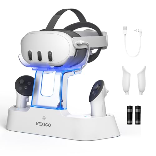 NexiGo Verbesserte Ladestation mit LED-Licht [EIN/Aus] für Oculus Quest 3, [Unterstützt Elite Strap mit Batterie], Headset-Display-Halterung und Controller-Halterung, Wiederaufladbare Batterien, Weiß von NexiGo
