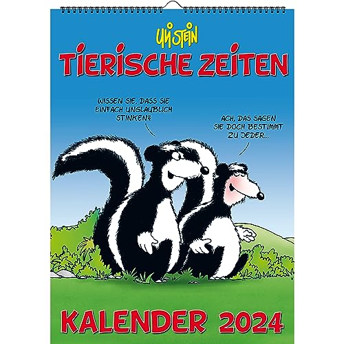Uli Stein Kalender 2024 - Tierische Zeiten+ 5 Postkarten - Wandkalender für 2024 - Jahreskalender 2024 mit 12 Motiven & Spiralbindung - Cartoon Kalender von Next Ferry