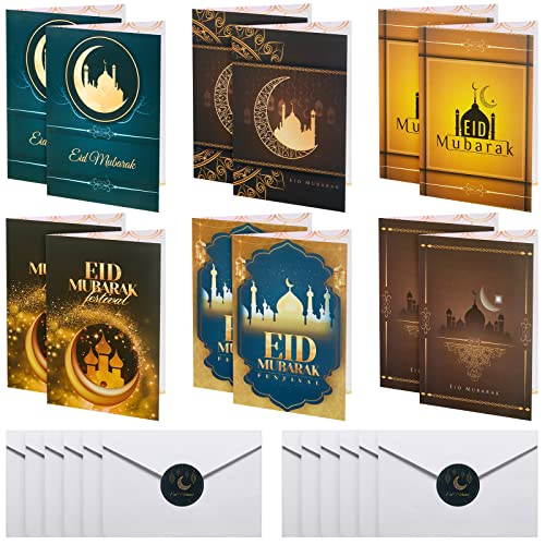 Nezyo 12 Stück Eid Mubarak Karten Mehrfachpackung Islamische Eid Karte Papier Ramadan Grußkarten Ramadan Mubarak Karten Feier Karte mit 12 Umschlägen und Eid Mubarak Aufkleber für Party Zubehör von Nezyo