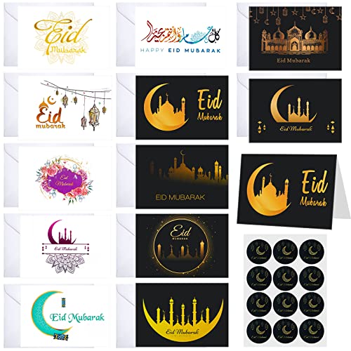 Nezyo 2 Sets 12 Packungen Eid Mubarak Karten Islamische Eid Karte Papier Ramadan Grußkarten Saisonale Ramadan Mubarak Glückwunschkarte mit 12 Umschlägen und 24 Aufkleber für Party Dekoration von Nezyo