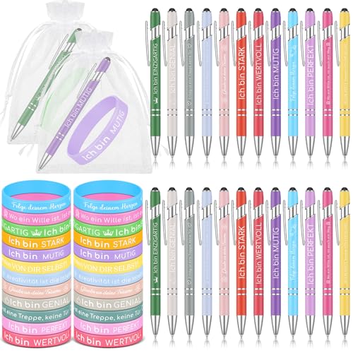 Nezyo 24 Stück Inspirierende Geschenksets Motivations Metall Kugelschreiber mit Gravur Motivationsarmbänder und Organza Beutel für Lehrer Mitarbeiter Freund Abschiedsgeschenk für Kollegen von Nezyo