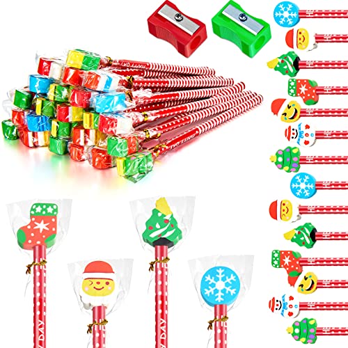 Nezyo 24 Stück Weihnachten Bleistifte mit Radiergummi und 2 Bleistiftspitzer Weihnachten Holzstifte mit Radiergummis Schule Schreibwaren Set für Weihnachten Strumpf Füller Kinder Party Mitgebsel von Nezyo