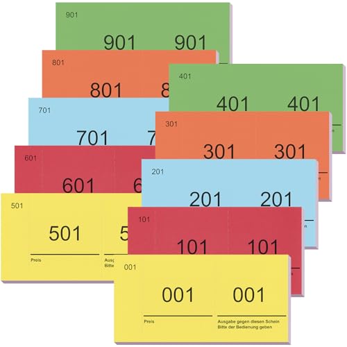 Nezyo Doppelnummern Blöcke 1-1000 Nummernblöcke Lose Nummeriert Garderobenmarken Zahlenblöcke für Garderobe Verlosung Events Party Messen Lotterien, 10 x 5 cm(Rot, Blau, Gelb, Grün, Orange) von Nezyo