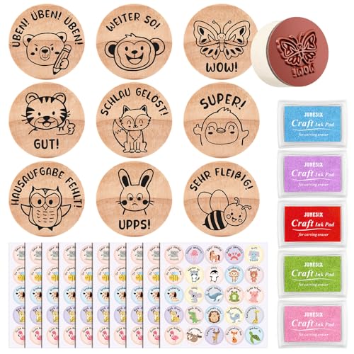 Nezyo Stempelset für Lehrer 9 Holz Lehrer Stempel 10 Blatt Tier Belohnungsaufkleber 5 Stempelkissen Motivationstempel Geschenk für Belohnung Lehrertag Schulkind Kindergarten Schule(Macaron Farben) von Nezyo