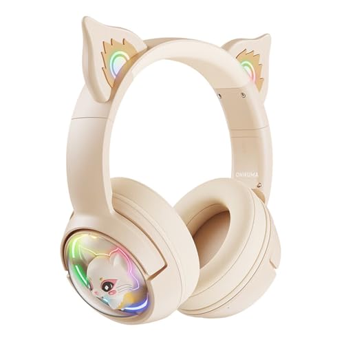 Bluetooth Katzenohr Kabellos Kopfhörer, Cat Ear Gaming Headset mit Mikrofon Headset Pink mit RGB LED Licht Wireless Kopfhörer mit Katzenohren HD Stereo Sound für PC TV Tablet Spielkonsolen (Beige) von NiC IS COCNG