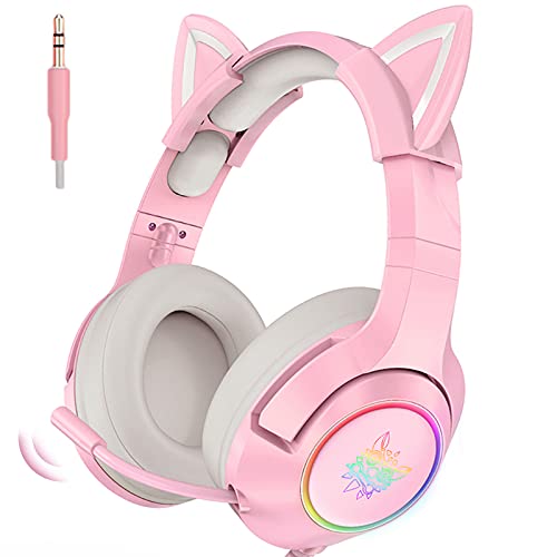 Gaming-Headset Pink, Abnehmbarer Cat Ear Kopfhörer, 7.1-Surround-Sound-Gaming-Headset mit Einstellbarer Geräuschunterdrückung, LED-Licht, einziehbarem Mikrofon von NiC IS COCNG
