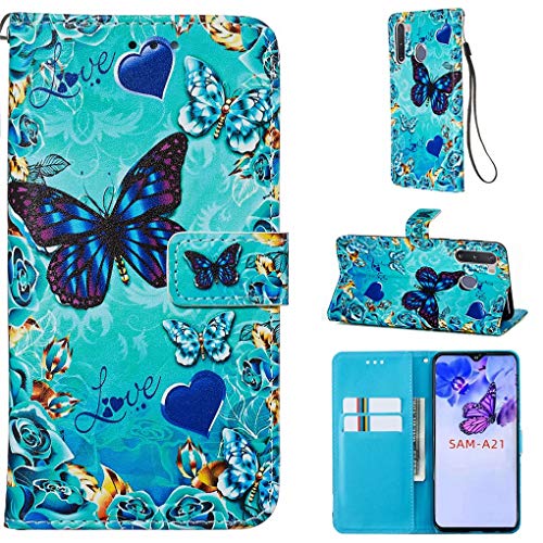 NiaCoCo Schutzhülle für Samsung Galaxy A21, 3D-Bild, Schutzhülle aus PU-Leder, Brieftasche, Kartenschlitz, Magnetverschluss, Klappständer + Displayschutzfolie 1 Stück (Schmetterling) von NiaCoCo