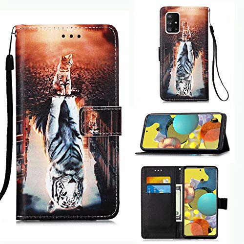 NiaCoCo Schutzhülle für Samsung Galaxy A51 5G Schutzhülle mit 3D-Bild, aus PU-Leder, Brieftasche, Kartenschlitz, Magnetverschluss, Klappständer + Displayschutzfolie 1 Stück (Katze und Tiger) von NiaCoCo