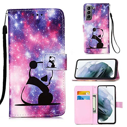 NiaCoCo Schutzhülle für Samsung Galaxy S21 5G, 3D-Bildschirm, PU-Leder, Brieftasche, Kartenschlitz, Magnetverschluss, Klappständer + 1 Displayschutzfolie (Panda-Baby) von NiaCoCo