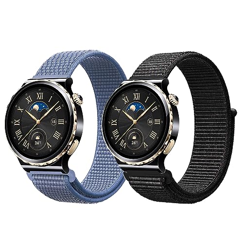 Niboow [2-Stück 20mm Armband für Huawei Watch GT 3 Pro 43mm/Watch GT 3 42mm/Watch GT 2 42mm/Watch 2 Pro, Nylon Geflochtenes Solo Loop Sport Armband für Honor Magic Watch 2 42mm - Schwarz + Blau von Niboow