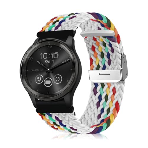 Niboow 20mm Armband für Garmin Venu Sq 2/Venu Sq 2 Music/Venu Sq/Venu Sq Music/Venu 2 Plus/Venu, Nylon Weben Ersatzarmband Armbänder für Garmin Vivoactive 5/Vivoactive 3/Forerunner 245-Weiß Regenbogen von Niboow