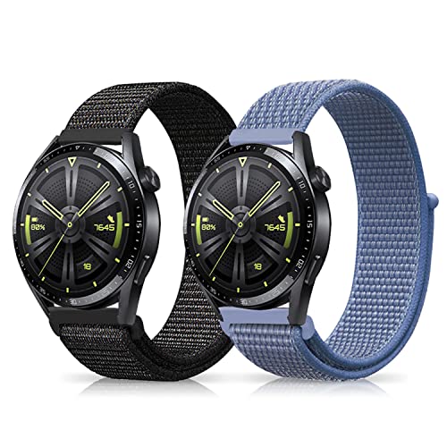 Niboow 22mm Armband für Huawei Watch GT 4 46mm/Watch 4/Watch 4 Pro/GT 3 Pro 46mm/GT 3 46 mm/GT Runner/GT 2 46 mm/GT 2 Pro, Nylon Armbänder für Huawei Watch Buds/Watch 3/Watch 3 Pro - Schwarz+Blau von Niboow