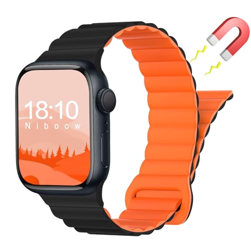 Niboow Armband für Apple Watch 38mm 40mm 41mm 42mm Series 10/Series 9/Series 8/Series 7/Series 6/Series 5/Series 4/3/2/1, Magnetversch Silikon Uhrenarmband für Apple iWatch SE/SE 2 - Schwarzorange von Niboow