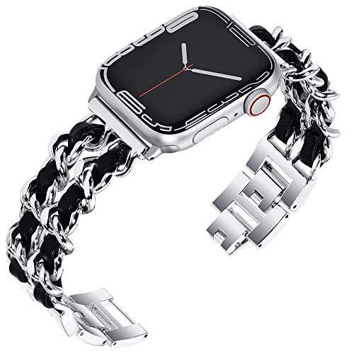 Niboow Armband für Apple Watch Series 9/Series 8/Series 7 [45mm]/Series 6/Series 5/Series 4/SE 2 [44mm]/Series 3/Series 2 [42mm], Metall Leder Uhrenarmband für Apple Watch Ultra 2/Ultra [49mm]-Silber von Niboow