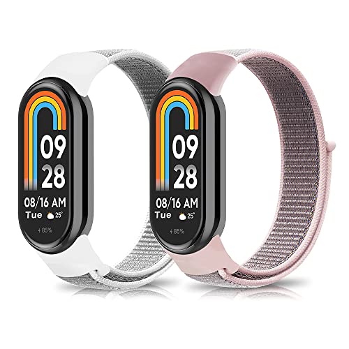 Niboow Armband für Xiaomi Smart Band 9 / Xiaomi Smart Band 8, Männer und Frauen Nylon Solo Loop Einstellbar Klettverschluss Ersatzband Armbänder für Xiaomi Mi Band 9 / Xiaomi Mi Band 8 - Rosa + Weiß von Niboow