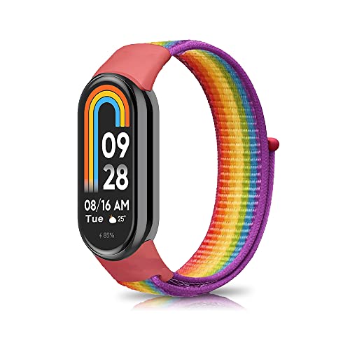 Niboow Armband für Xiaomi Smart Band 9 / Xiaomi Smart Band 8, Männer und Frauen Nylon Solo Loop Einstellbar Klettverschluss Ersatzband Armbänder für Xiaomi Mi Band 9 / Xiaomi Mi Band 8 - Regenbogen von Niboow