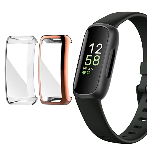 Niboow Hülle [2-Stück] Kompatibel mit Fitbit Inspire 3, mit Kratzfest ​Displayschutzfolie, Soft TPU Stoßfestes Schutzhülle Kompatibel mit Fitbit Inspire 3 - Roségold+Transparent von Niboow