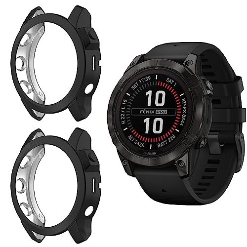 Niboow Hülle [2 Stück] Kompatibel mit Garmin Fenix 7 Pro Solar, Männer und Frauen Kratzfest Soft TPU Stoßfestes Schutzhülle Kompatibel mit Garmin Fenix 7 Pro Solar - Schwarz+Schwarz von Niboow