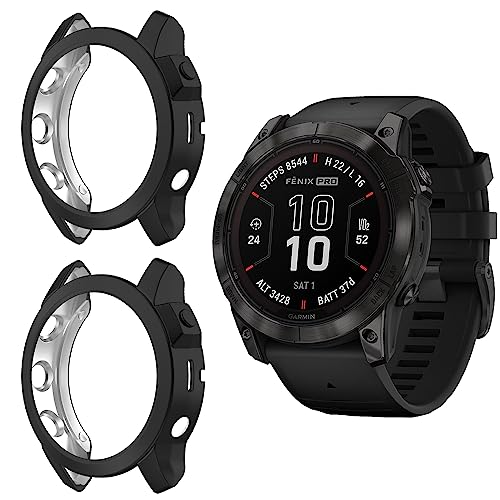 Niboow Hülle [2 Stück] Kompatibel mit Garmin Fenix 7X Pro Solar, Männer und Frauen Kratzfest Soft TPU Stoßfestes Schutzhülle Kompatibel mit Garmin Fenix 7X Pro Solar - Schwarz+Schwarz von Niboow