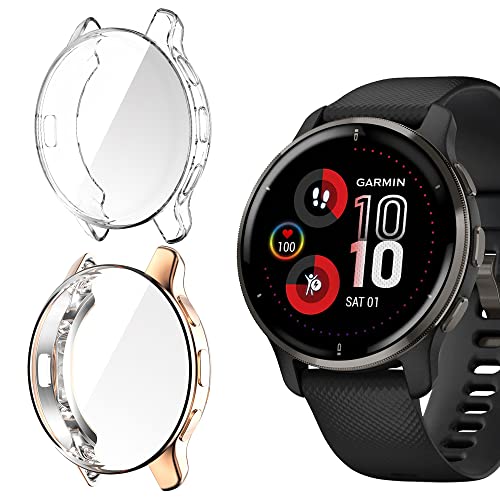 Niboow Hülle [2-Stück] Kompatibel mit Garmin Venu 2 Plus, mit Kratzfest ​Displayschutzfolie, Soft TPU Stoßfestes Schutzhülle Kompatibel mit Garmin Venu 2 Plus-Roségold+Transparent von Niboow