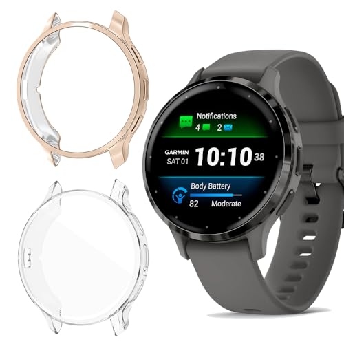 Niboow Hülle [2-Stück] Kompatibel mit Garmin Venu 3S, mit Kratzfest Displayschutzfolie, Soft TPU Stoßfestes Schutzhülle Kompatibel mit Garmin Venu 3S - Roségold + Transparent von Niboow