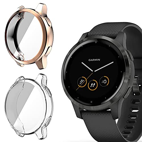 Niboow Hülle [2-Stück] Kompatibel mit Garmin Vivoactive 4S, mit Kratzfest ​Displayschutzfolie, Soft TPU Stoßfestes Schutzhülle Kompatibel mit Garmin Vivoactive 4S-Roségold/Transparent von Niboow