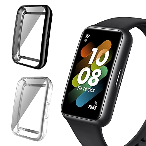 Niboow Hülle [2 Stück] Kompatibel mit Huawei Band 7/Band 6/Honor Band 6, mit Kratzfest ​Displayschutzfolie, Soft TPU Stoßfestes Schutzhülle für Huawei Band 7/Band 6/Honor Band 6-Schwarz+Transparent von Niboow