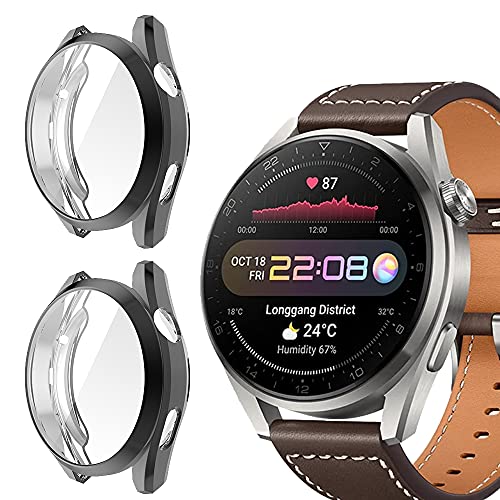 Niboow Hülle [2-Stück] Kompatibel mit Huawei Watch 3 Pro, mit Kratzfest ​Displayschutzfolie, Soft TPU Stoßfestes Schutzhülle Kompatibel mit THuawei Watch 3 Pro-Schwarz/Schwarz von Niboow