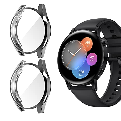 Niboow Hülle [2-Stück] Kompatibel mit Huawei Watch GT 3 42mm, mit Kratzfest ​Displayschutzfolie, Soft TPU Stoßfestes Schutzhülle Kompatibel mit Huawei Watch GT 3 42mm-Schwarz+Schwarz von Niboow