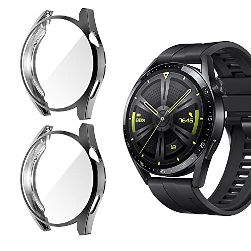 Niboow Hülle [2-Stück] Kompatibel mit Huawei Watch GT 3 46mm, mit Kratzfest ​Displayschutzfolie, Soft TPU Stoßfestes Schutzhülle Kompatibel mit Huawei Watch GT 3 46mm-Schwarz+Schwarz von Niboow