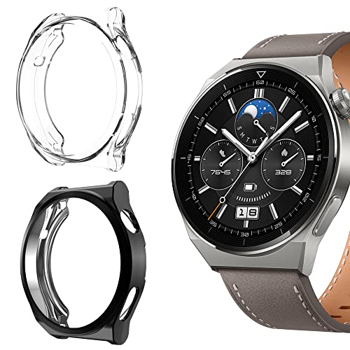 Niboow Hülle [2 Stück] Kompatibel mit Huawei Watch GT 3 Pro 46mm, mit Kratzfest ​Displayschutzfolie, Soft TPU Stoßfestes Schutzhülle Kompatibel mit Huawei Watch GT 3 Pro 46mm-Schwarz+Transparent von Niboow