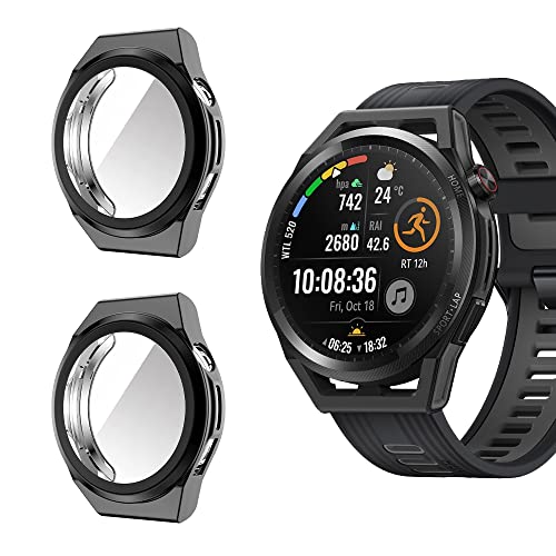 Niboow Hülle [2-Stück] Kompatibel mit Huawei Watch GT Runner, mit Kratzfest ​Displayschutzfolie, Soft TPU Stoßfestes Schutzhülle Kompatibel mit Huawei Watch GT Runner-Schwarz+Schwarz von Niboow