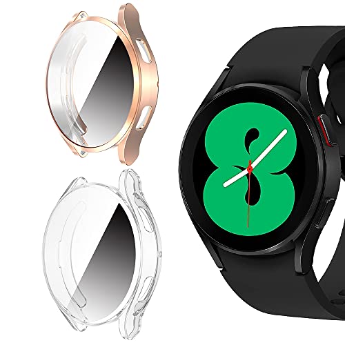 Niboow Hülle [2-Stück] Kompatibel mit Samsung Galaxy Watch 4 44mm, mit Kratzfest ​Displayschutzfolie, Soft TPU Stoßfestes Schutzhülle Kompatibel mit Samsung Galaxy Watch 4 44mm-Roségold/Transparent von Niboow