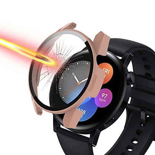 Niboow Hülle Kompatibel mit Huawei Watch GT 3 42mm, Mit Glasfolie Schutzfolie, 9H Härte Anti Kratzen PC Hülle, 3D Vollständige Abdeckung Schutzhülle für Huawei Watch GT 3 42mm-Rosa von Niboow