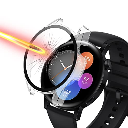 Niboow Hülle Kompatibel mit Huawei Watch GT 3 42mm, Mit Glasfolie Schutzfolie, 9H Härte Anti Kratzen PC Hülle, 3D Vollständige Abdeckung Schutzhülle für Huawei Watch GT 3 42mm-Transparent von Niboow