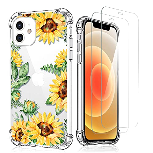 Niboow Hülle Kompatibel mit iPhone 12 Mini, [Mit 2PCS 9H Glasfolie] TPU Silikon Schlank Schutzhülle, Blumenmuster Handyhülle Friendly für iPhone 12 Mini-Sonnenblumen/Gelb von Niboow