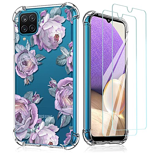 Niboow Hülle für Samsung Galaxy A12/Galaxy M12, [Mit 2PCS 9H Panzer Schutz Glas] TPU Silikon Schlank Schutzhülle, Blumenmuster Handyhülle Friendly für Samsung Galaxy A12/M12-Lila von Niboow