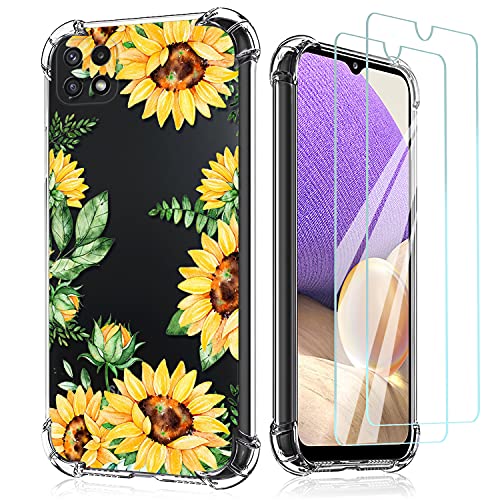 Niboow Hülle für Samsung Galaxy A22 5G, [Mit 2PCS 9H Panzer Schutz Glas] TPU Silikon Schlank Schutzhülle, Clear Blumenmuster Handyhülle Friendly für Samsung Galaxy A22 5G-Sonnenblumen/Gelb von Niboow