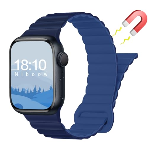 Niboow Magnetversch Silikon Armband für Apple Watch Ultra 2/Ultra [49mm], Uhrenarmband für Apple Watch Series 9/Series 8/Series 7 [45mm]/Series 6/Series 5/Series 4/SE [44mm]/Series 3 [42mm] - Blau von Niboow
