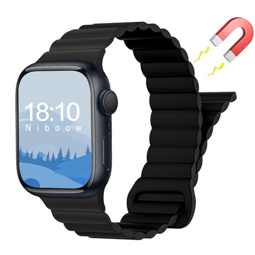 Niboow Magnetversch Silikon Armband für Apple Watch Ultra 2/Ultra [49mm], Uhrenarmband für Apple Watch Series 9/Series 8/Series 7 [45mm]/Series 6/Series 5/Series 4/SE [44mm]/Series 3 [42mm] - Schwarz von Niboow