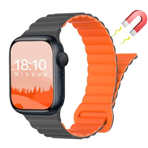 Niboow Magnetversch Silikon Armband für Apple Watch Ultra 2/Ultra [49mm], Uhrenarmband für Apple Watch Series 9/Series 8/Series 7 [45mm]/Series 6/Series 5/Series 4 [44mm]/Series 3 [42mm] - Orangegrau von Niboow