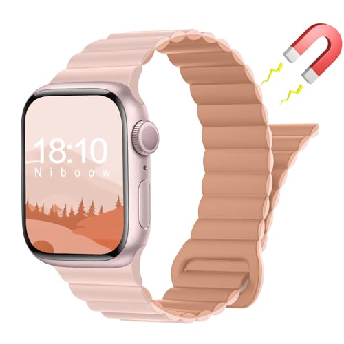 Niboow Magnetversch Silikon Armband für Apple Watch Ultra 2/Ultra [49mm], Uhrenarmband für Apple Watch Series 9/Series 8/Series 7 [45mm]/Series 6/Series 5/Series 4 [44mm]/Series 3 [42mm] - Rosa Grau von Niboow