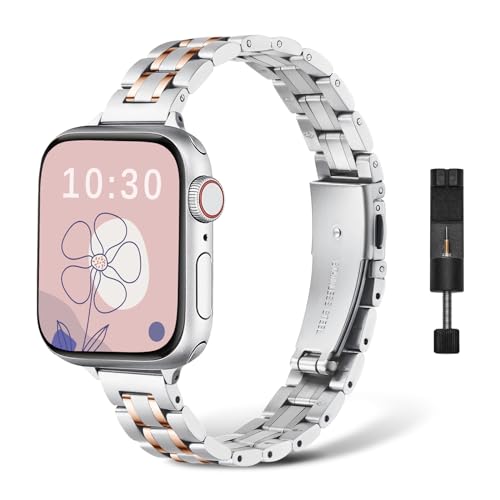 NicMool Armband für Apple Watch 38mm 40mm 41mm 42mm 44mm 45mm 49mm, Damen Slim Edelstahlarmband für iWatch Ultra 2/Ultra,iWatch Series 9/8/7/6/5/4/3/2/1/SE/SE 2-(Silber/Roségold,42mm 44mm 45mm 49mm) von NicMool