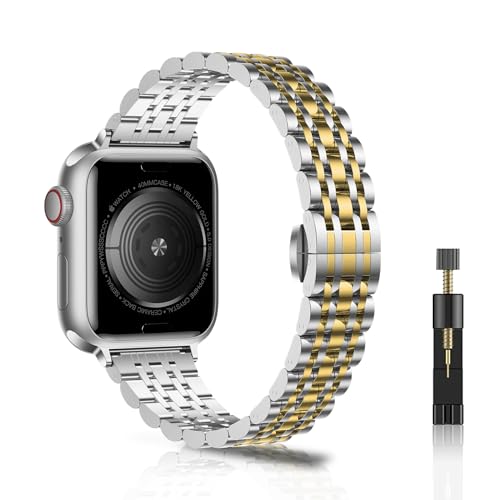 NicMool Damen Metall Armband für Apple Watch 38mm 40mm 41mm 42mm 44mm 45mm 49mm, Slim Armbänder für iWatch Ultra 2/Ultra, iWatch Series 9/8/7/6/5/4/3/2/1/SE/SE 2 - (Silber/Gold,42mm 44mm 45mm 49mm) von NicMool