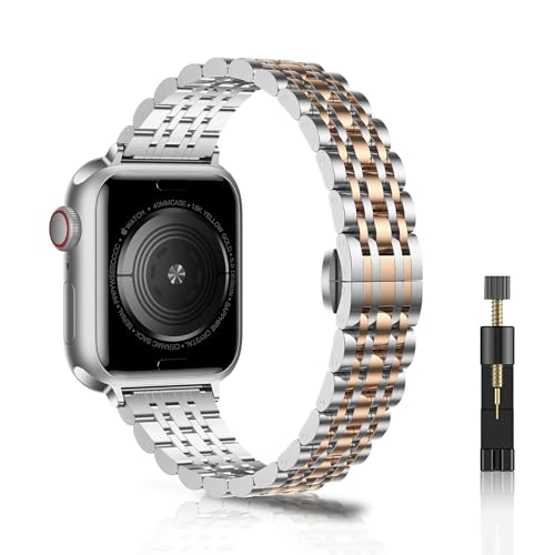 NicMool Damen Metall Armband für Apple Watch 38mm 40mm 41mm 42mm, Slim Edelstahlarmband für Apple Watch Series 10 42mm/iWatch Series 9/8/7/6/5/4/3/2/1/SE - Silber/Roségold von NicMool