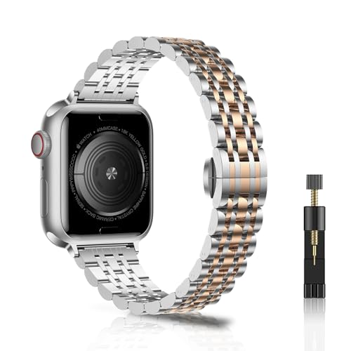 NicMool Damen Metall Armband für Apple Watch 38mm 40mm 41mm 42mm 44mm 45mm 49mm, Slim Armbänder für iWatch Ultra 2/Ultra, iWatch Series 9/8/7/6/5/4/3/2/1/SE/SE 2 - (Silber/Roségold,38mm 40mm 41mm) von NicMool